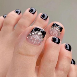 Press on Toenails with Flower Designs, Artificial French Black Fake Nails for Toe, Full Cover Rhinestone Coffin Acrylic False Nails, Glue on Toenails with Charm, Stick on Toe Nails for Women(JZ035)