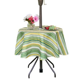 SquarePie Round 52 Inch Outdoor Tablecloth with Zipper and Umbrella Hole Waterproof Spillproof Table Linen Cloth for Picnic Patio Family Gatherings, Green Stripe