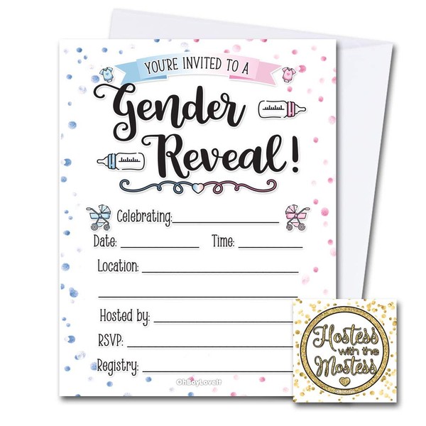 Gender Reveal Invitations | 20 Pack with White Envelopes | Pink Blue Confetti Design