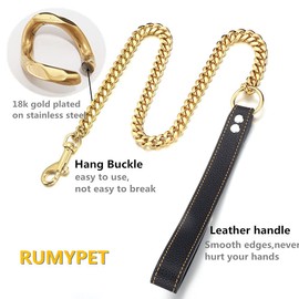 RUMYPET 3FT/4FT/5FT Heavy Duty Gold Dog Chain Leash 14MM Stainless Steel Miami Cuban Link Chain with Durable Genuine Leather Handle for Training Walking(14mm,5ft)…