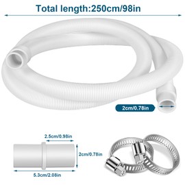 twoonto Drain Hose Extension for Washing Machines, 2.5M Universal Washing Machine Hose White, Drain Hose Dishwasher Extension Set Including Hose Connector and Hose Clamps