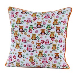 HOMESCAPES - 100% Cotton - Owl - Cushion Cover - 30 x 30 cm Square - 12 x 12 Inches - Orange Red White - 100% Cotton Sofa Pillow Cushion Cover - Washable