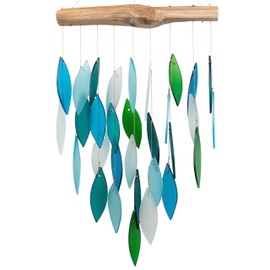 Blue Handworks Ocean Waterfall Glass and Driftwood Chime, Sandblasted Glass and Found Wood Handcrafted Wind Chime