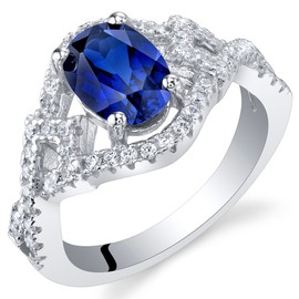 PEORA Created Blue Sapphire Lace Ring for Women 925 Sterling Silver, 1.75 Carats Oval Shape 8x6mm, Size 7, Sparkling Blue Sapphire Promise, Engagement or Anniversary Ring for Women