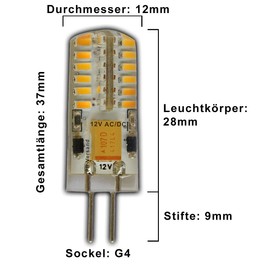 3x G4 LED, 3 watt, warm white, dimmable, 12 V AC/DC (3 pieces), AC voltage at 48x 3014 SMDs (Epistar), 15 W, 330 °, pin base