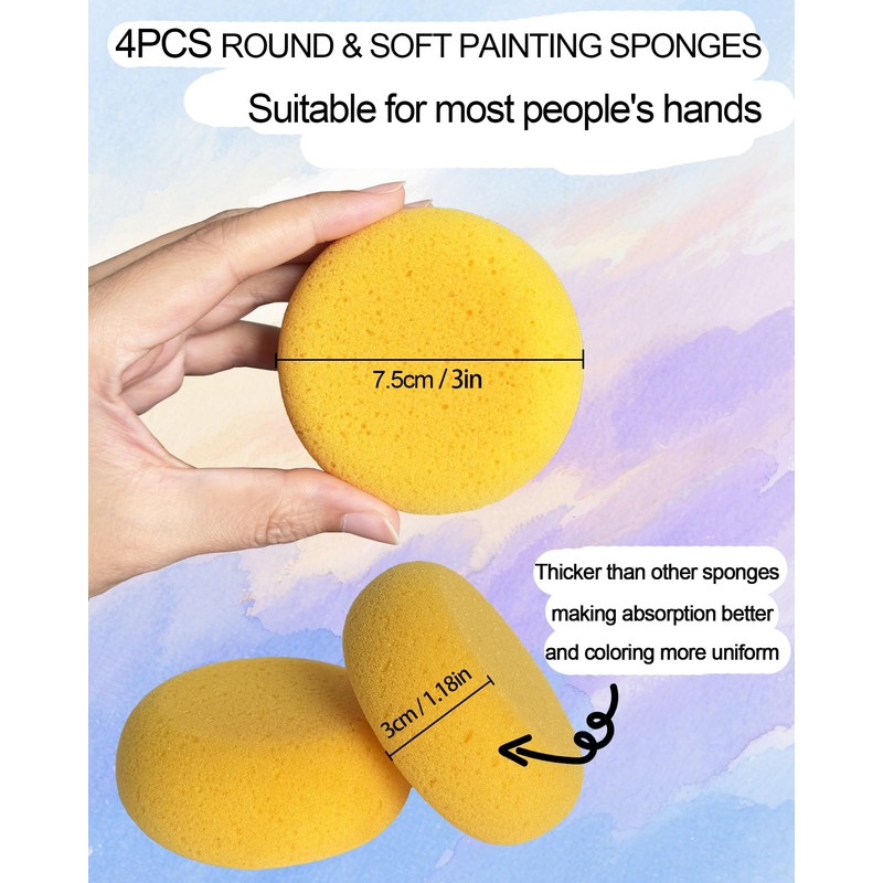 Round Painting Sponges 4 Pack Yellow Artist Sponges for Watercolor,