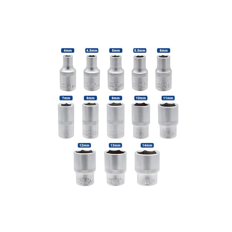 DAKCOS 13PCS Hex Socket Set, 1/4" Drive Metric Socket Set,