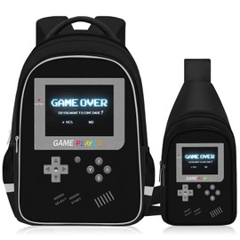 TILYTADLY School Backpack For Boys - Gamer Boys Backpack For Kids Children Teens Elementary Middle School - 2pcs Boys Backpack With Sling Backpack，17″ Large Capacity