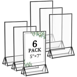 Floroom 6 Pack 5x7 Inch Clear Acrylic Sign Holders, Double-Sided Black Display Stand Picture Frames for Table Numbers, Menus, Flyers, Weddings, and Offices
