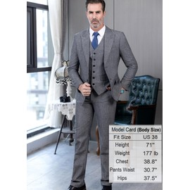Mens Tweed Herringbone Wedding Suit Prom Tuxedos 3 Piece Peak Lapel Dress （46,Brown