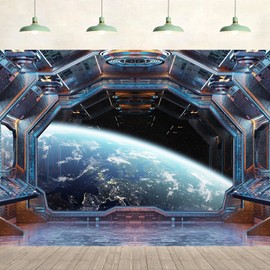 7x5ft Spaceship Interior Backdrop Science Fiction Spacecraft Cabin Window View Giant Planet Photography Background Wall Decoration Kids Adult Portrait Party Supplies Photo Studio Props