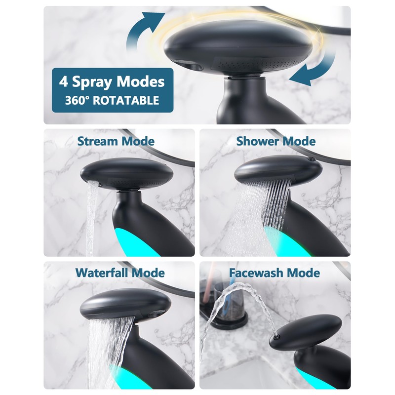 Pull Out LED Bathroom Faucet, 4 Modes Single Handle Waterfall