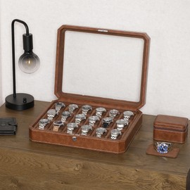 ROTHWELL 18-Slot Watch Case – Luxury Watch Box for Men, Real Glass Top, Lockable, Elegant Display for Collections (Tan/Brown)