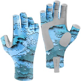 Riverruns UPF 50+ Fishing Gloves UV Protection Fingerless Sun Gloves Men Women for Outdoor, Kayaking, Rowing, Driving, Hunting(CamoBlue, S)