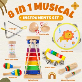 Toddler Musical Instruments - Musical Toys for Toddlers 3-5, 8 in 1 Montessori Kids Instruments Wooden Baby Toys in Rainbow Colors, Baby Xylophone Tambourine Drum Set for Toddler Birthday Gift