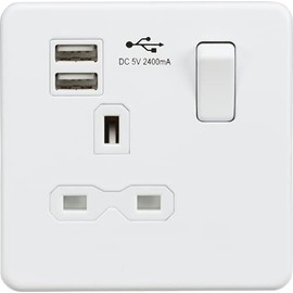 Knightsbridge Screwless Single Switched Socket with Dual USB Charger in Matt White, SFR9124MW