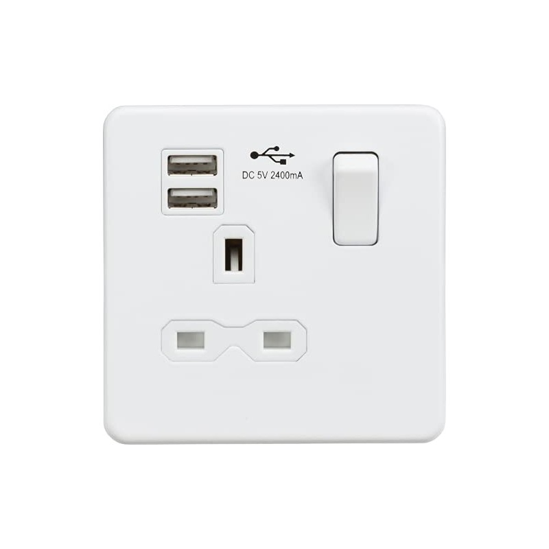 Knightsbridge Screwless Single Switched Socket with Dual USB Charger in