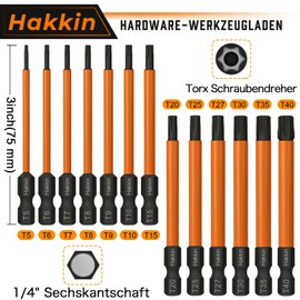 Hakkin 13-Piece 1/4 Inch Torx Screwdriver Bits Set, 75 mm Long Magnetic S2 Steel Impact Wrench Drill for T-Profile Screws, Hammer Drill, Cordless Screwdriver T5 T6 T7 T8 T9 T10 T15 T20 T25 T27 T30 T35