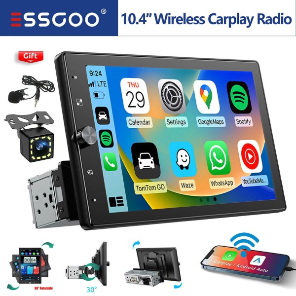 ESSGOO 1 DIN 10.4" Rotatable Screen Wireless Carplay Android Auto