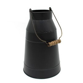 CVHOMEDECO. 10 Inch Galvanized Metal Milk Can with Wooden Handle, Old Rustic Farmhouse Pitcher Jug Vase for Home and Garden Décor. Black