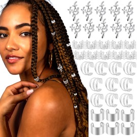 VENOFEN 40PCS Silver Hair Jewelry for Braids Multi Style Hair Cuffs Metal Loc Dreadlock Accessories Non-Piercing Ear Clips Braid Jewelry for Women and Girls