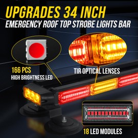 LRTER 34inch 166 LED Emergency Rooftop Strobe Lights Bar Flashing Safety Traffic Advisor Warning Hazard Snow Plow Light W/Magnet Base for Work Trucks Vehicles Construction Tow Pickup Amber Red