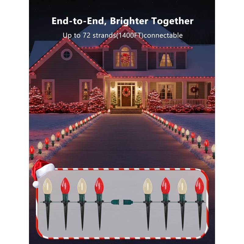 Konictom 19.5FT Red and White C9 Christmas Pathway Lights, Outdoor