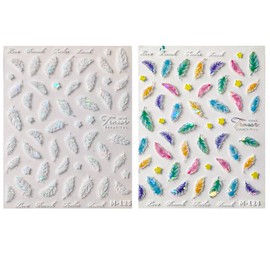 Feather Nail Art Stickers 5D Embossed Nail Decals White Green Blue Pink Leather Nail Design Stickers Hollow Leather Engraving Self Adhesive Acrylic Nail Supplies for Women Nail Art Decoration