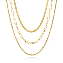 GZJOGO Gold Necklaces Stack for Women, Dainty 14k Gold Chain Necklaces, Simple Layered Choker Necklaces, Multilayer Herringbone Cuban Paperclip Chain