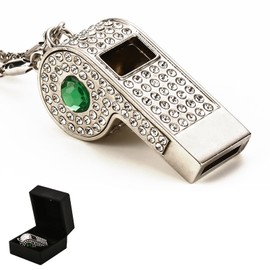 QUJIFETU Bling Whistle Metal Rhinestone Lanyard Whistle Loud Sound with Chain for Coach,Referee,Emergency,Lifeguard,Teachers-Includes Gift Packaging(Sliver-Green)