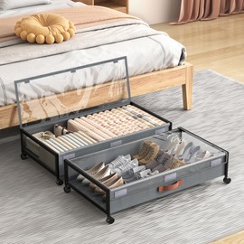 Under Bed Storage with Wheels, XXL Larger Under Bed Storage Containers with Clear Lids, 31'' Lengthen Underbed Shoe Organizer for Shoes Clothes(Grey 2 Pack, XXL(31"x16.6"x7.48"))