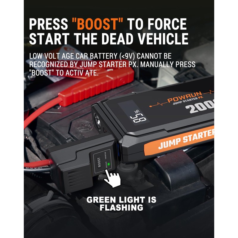 Powrun P-X Jump Starter, 2000A Portable Jump Box - Car