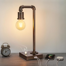 Industrial Table Lamp for Bedroom, Fully Dimmable Bedside Lamp with USB C+A Ports, Vintage Lamp with Water Pipe Design, Steampunk Table Lamps for Living Room, Dorm, Office, 6W LED Bulb Included
