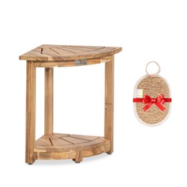 VICTORY RELAX Acacia Corner Shower Stool, Waterproof Spa Foot Rest & Bath Bench with Storage Shelf & Soap Dish, Ideal for Bathroom, Shaving Legs, or as Small Corner Table/Step Stool (Light Natural)