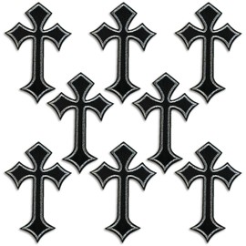 Cross Patches, Iron On Cross Embroidery Applique Patch, DIY Decor Aesthetic Patches for Jeans Jackets Backpacks Hats Shirts (8 Pieces Black Silver)