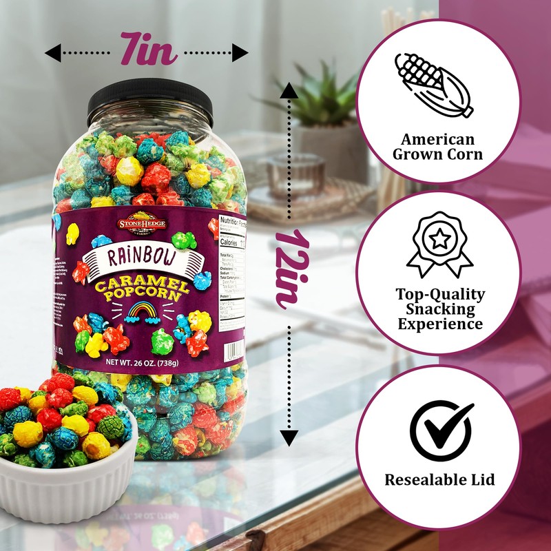 Stonehedge Farms Flavored Rainbow Caramel Popcorn | 26 oz Tub