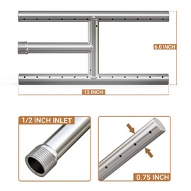 Onlyfire Stainless Steel Fireplace H-Burner for Natural Gas & Propane Fire Pit and Fireplace, 12 x 6 Inch Rectangular DIY Firepit H Burner for Indoor and Outdoor, BTU Max 60,000