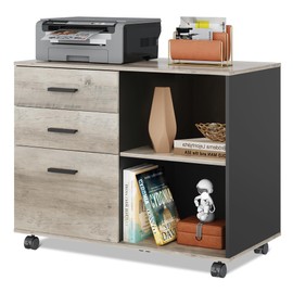 DEVAISE 3 Drawer Mobile File Cabinet, Wood Lateral Filing Cabinet, Printer Stand with Open Shelves for Home Office, Greige