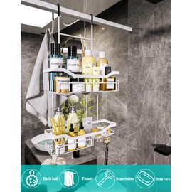 HapiRm Hanging Shower Caddy Over the Door with Soap Holder, No Drilling Adhesive Shower Organizer with 11 Hooks, Rustproof & Waterproof 304 Stainless Steel Bathroom Shelves - White