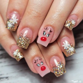 24Pcs Christmas Press on Nails Square Short Fake Nails with Cute Elk Designs, Gold Glitter French Tip Acrylic False Nails Full Cover Christmas Glue on Nails Xmas Artificial Nails Kits for Women Girls