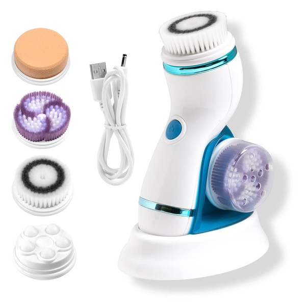 CHIARA AMBRA® 4 in 1 Electric Facial Cleansing Brush for Face and Body, Deep Cleansing, Gentle Exfoliation, Exfoliation Brush with 4 Brush Attachments and 2 Stage Rotations, Turquoise