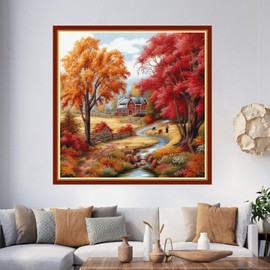 Foxhool Beginners Cross Stitch Kits Stamped Full Range of Embroidery Kits for Adults DIY Cross Stitches kit Embroidery Patterns for Needlepoint kit- autumnal scenery 17.7x17.7 inch