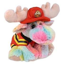 DolliBu Rainbow Floppy Moose Firefighter Stuffed Animal with Name Personalization - Super Soft Moose with Red Fireman Costume Outfit and Fireman Hat, Fire Fighter Doll Plush Toy for Kids - 9 Inch