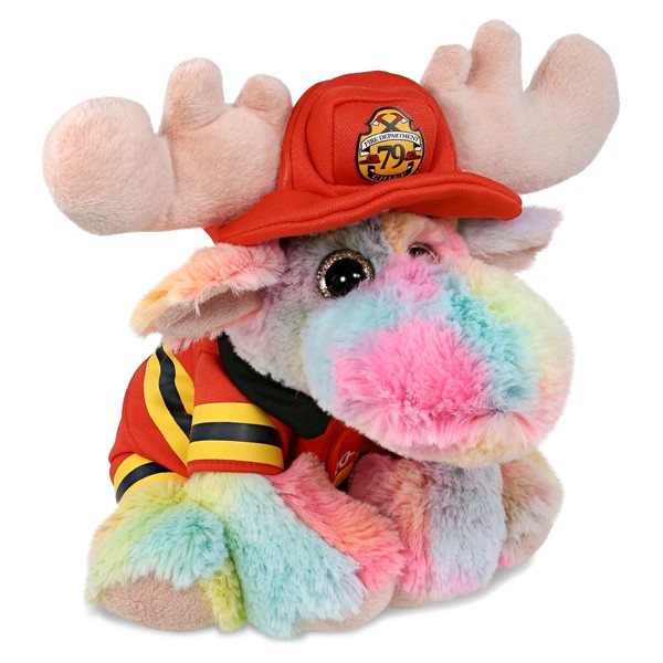 DolliBu Rainbow Floppy Moose Firefighter Stuffed Animal with Name Personalization