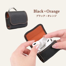 HanaRo AirPodsPro (2nd Generation/USB-C)/ AirPodsPro / Airpods 3 Airpods Case, Black x Orange, Genuine Leather, Shrink Leather, Black x Orange