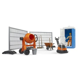 bruder 62008 - Bworld Construction Site Set with Construction Worker, Vibrating Plate, Mixing Machine, Toilet, Construction Site Fence - Accessories Construction Site, Road Construction, Construction