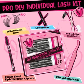PRO DIY Eyelash Extension Kit, Individual Eyelash Kit with 280 Pieces Cluster Eyelash Binding and Seal, Eyelash Applicator Eyelash Brush for Beginners (30D + 40D-9-16 Mix Kit)