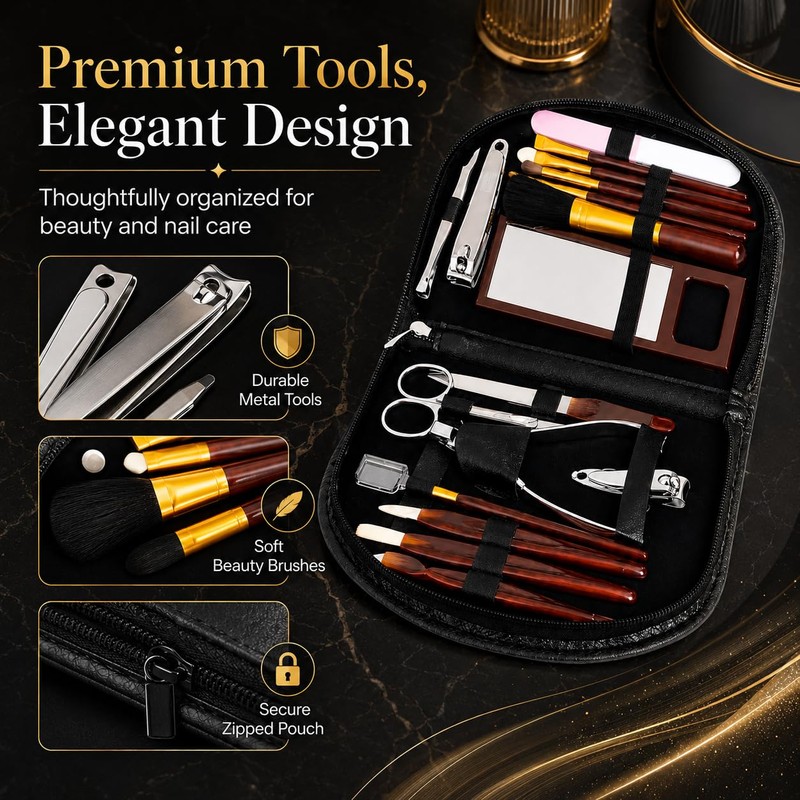 18 Piece Ladies Manicure & Makeup Set in Black Zipped