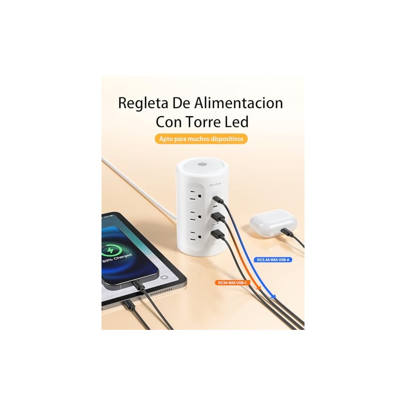 AnnTane Regleta Torre Multicontacto con Luz Nocturna, 3.04M Extension Electrica