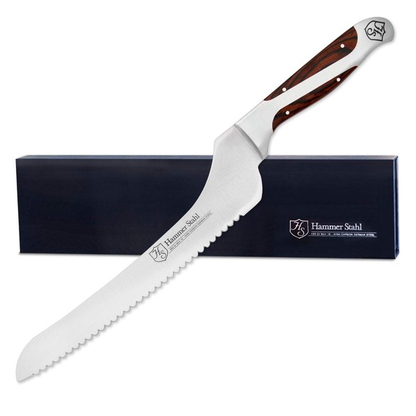 Hammer Stahl 9-Inch Offset Bread Knife - Scallop Serrated Blade - High Carbon German Steel - Ergonomic Quad-Tang Pakkawood Handle